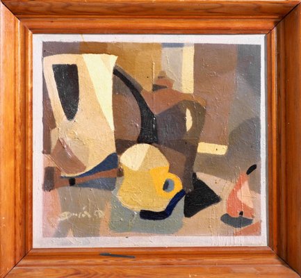 Cubist Painting, 20th-Century, Oil on Board, Framed-SA-1210593