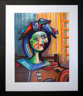 Cubist Portrait, Late 20th Century, Painting, Framed-YZB-1822514