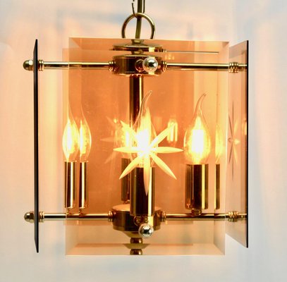 Cuboid Ceiling Center-Light with 4 Lamps Behind Bronzed Glass Panels-MJY-1149026