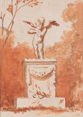 Cupid Statue - Original Charcoal and Watercolorl Drawing - Late 19th Century 1880s-ZCI-761102