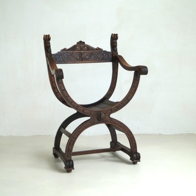 Curule or Dagobert Armchair in Walnut, Italy, 1910s-PRM-2034466