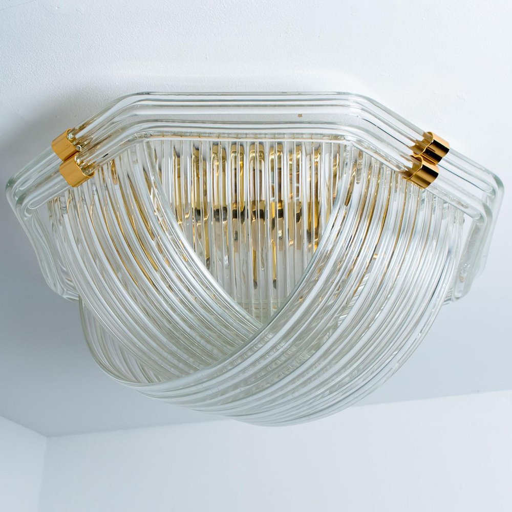 Curved Clear Gold Glass Messing Flush Mount from Venini, 1970