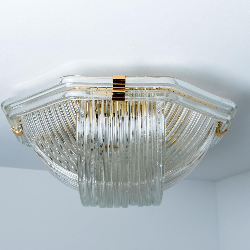 Curved Clear Gold Glass Messing Flush Mount from Venini, 1970