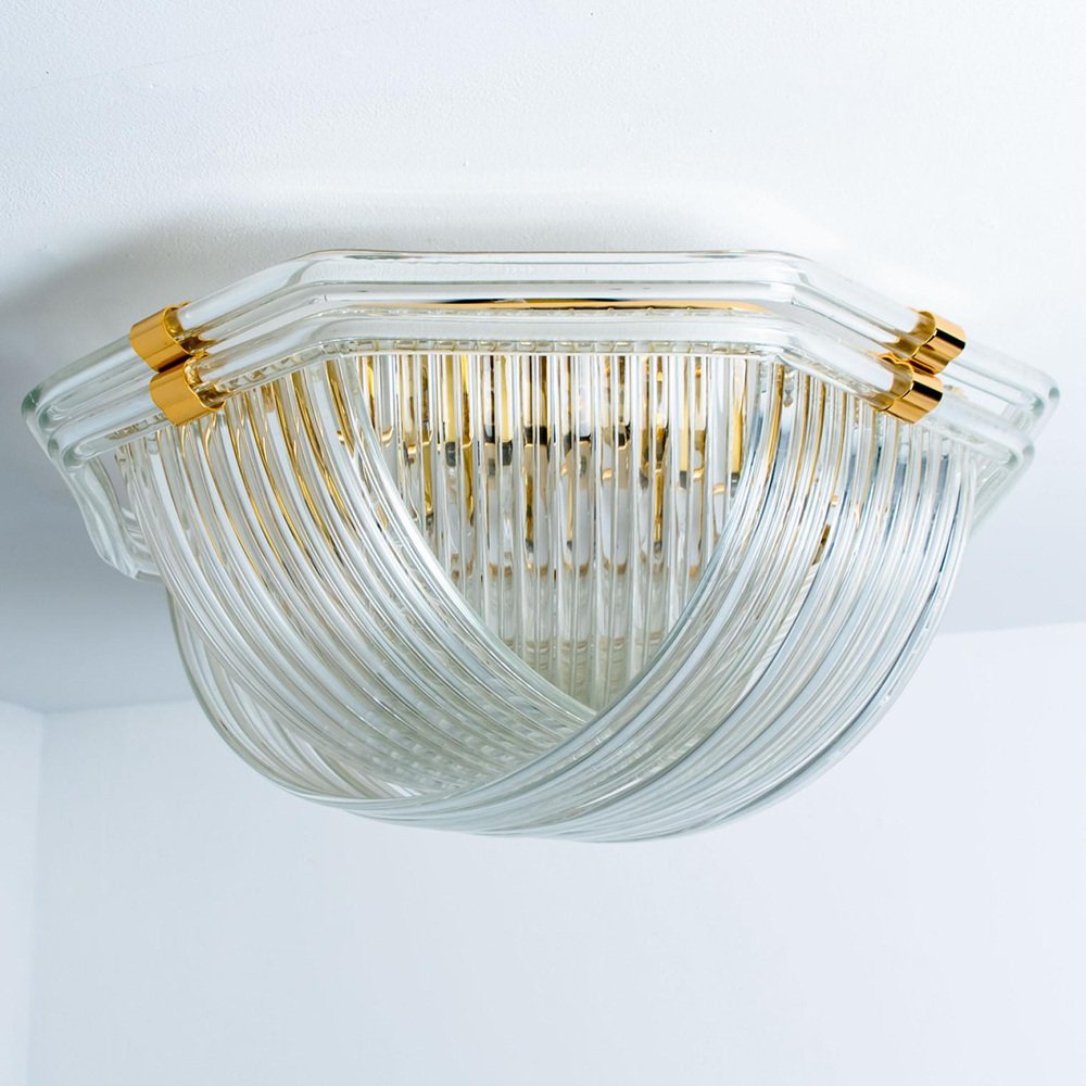 Curved Clear Gold Glass Messing Flush Mount from Venini, 1970