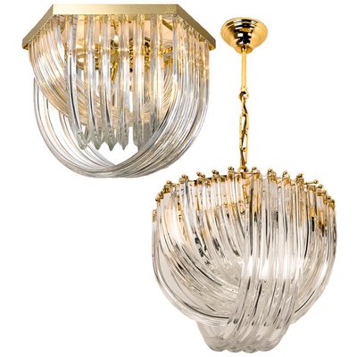 Curved Crystal Glass and Gilt Brass Chandeliers by Venini, Italy, 1970s, Set of 2-VDW-712785