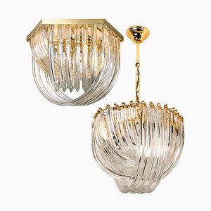 Curved Crystal Glass and Gilt Brass Chandeliers by Venini, Italy, 1970s, Set of 2-VDW-712785