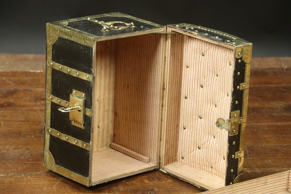 Curved Doll Trunk in Black Coated Canvas and Brass-EMZ-1220486