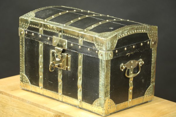 Curved Doll Trunk in Black Coated Canvas and Brass-EMZ-1220486