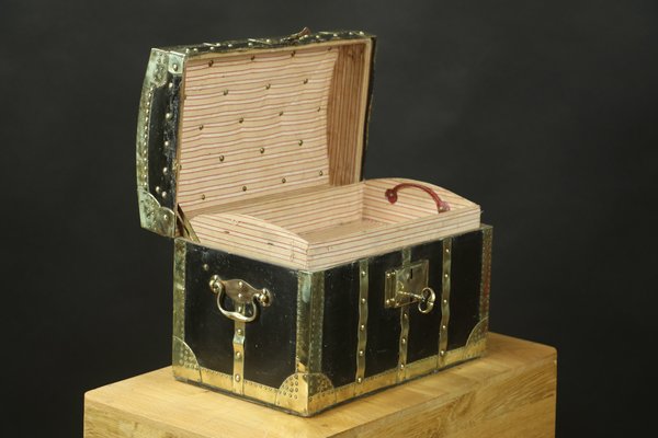 Curved Doll Trunk in Black Coated Canvas and Brass-EMZ-1220486