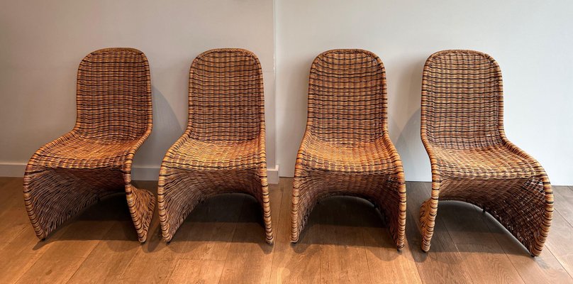 Curved Rattan Chairs, 1970s, Set of 4-BA-1706061