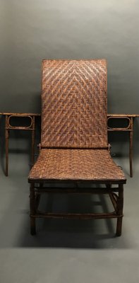 Curved Wood and Rattan Lounge Chair, 1940s-EK-1703153