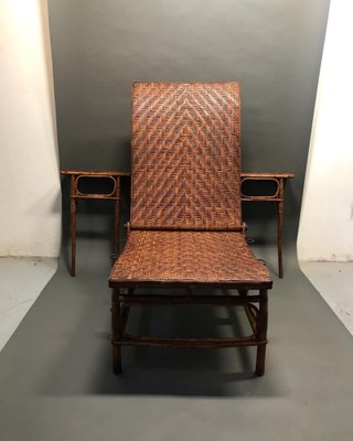 Curved Wood and Rattan Lounge Chair, 1940s-EK-1703153