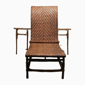 Curved Wood and Rattan Lounge Chair, 1940s-EK-1703153