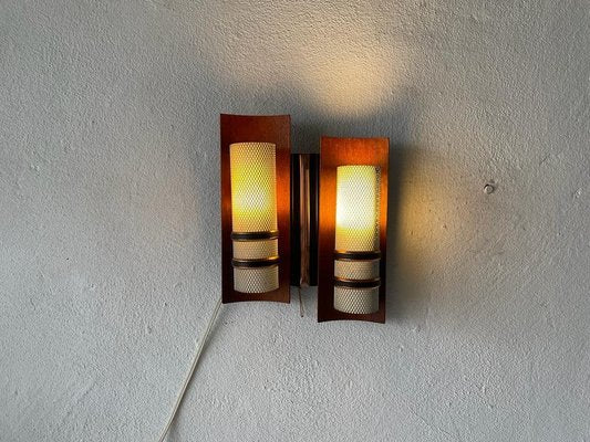 Curved Wood & Double White Metal Shade Single Sconce, 1960s, Set of 2-RDS-1196882