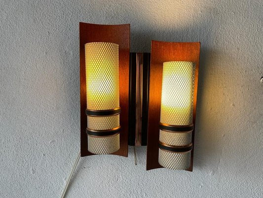 Curved Wood & Double White Metal Shade Single Sconce, 1960s, Set of 2-RDS-1196882