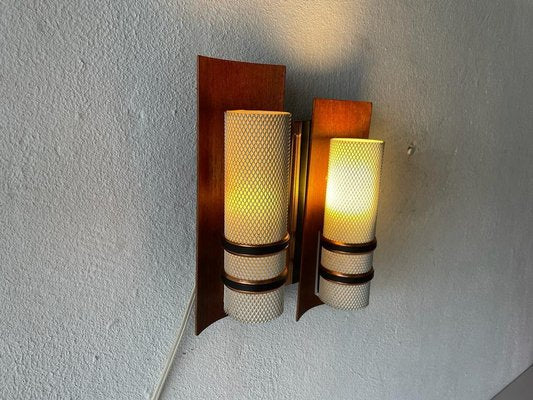 Curved Wood & Double White Metal Shade Single Sconce, 1960s, Set of 2-RDS-1196882