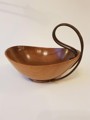 Curved Wooden Bowl with Brass Handle from Grasoli, 1950s-QDP-697710