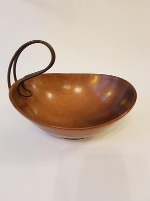 Curved Wooden Bowl with Brass Handle from Grasoli, 1950s-QDP-697710