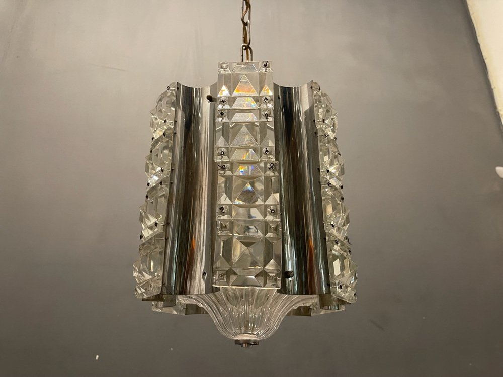 Cut Crystal & Chrome Pendant Light, 1970s