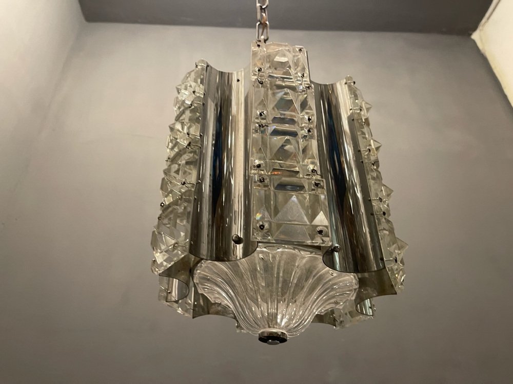 Cut Crystal & Chrome Pendant Light, 1970s