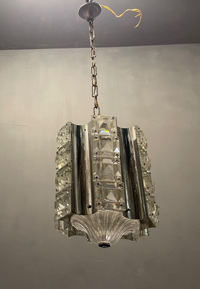 Cut Crystal & Chrome Pendant Light, 1970s