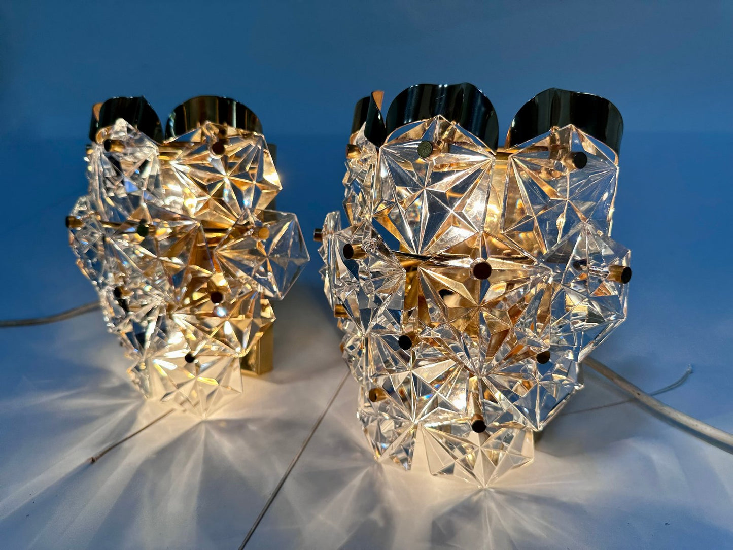 Cut Crystal Glass and Brass Wall Lamps from Kinkeldey, 1960s, Set of 2