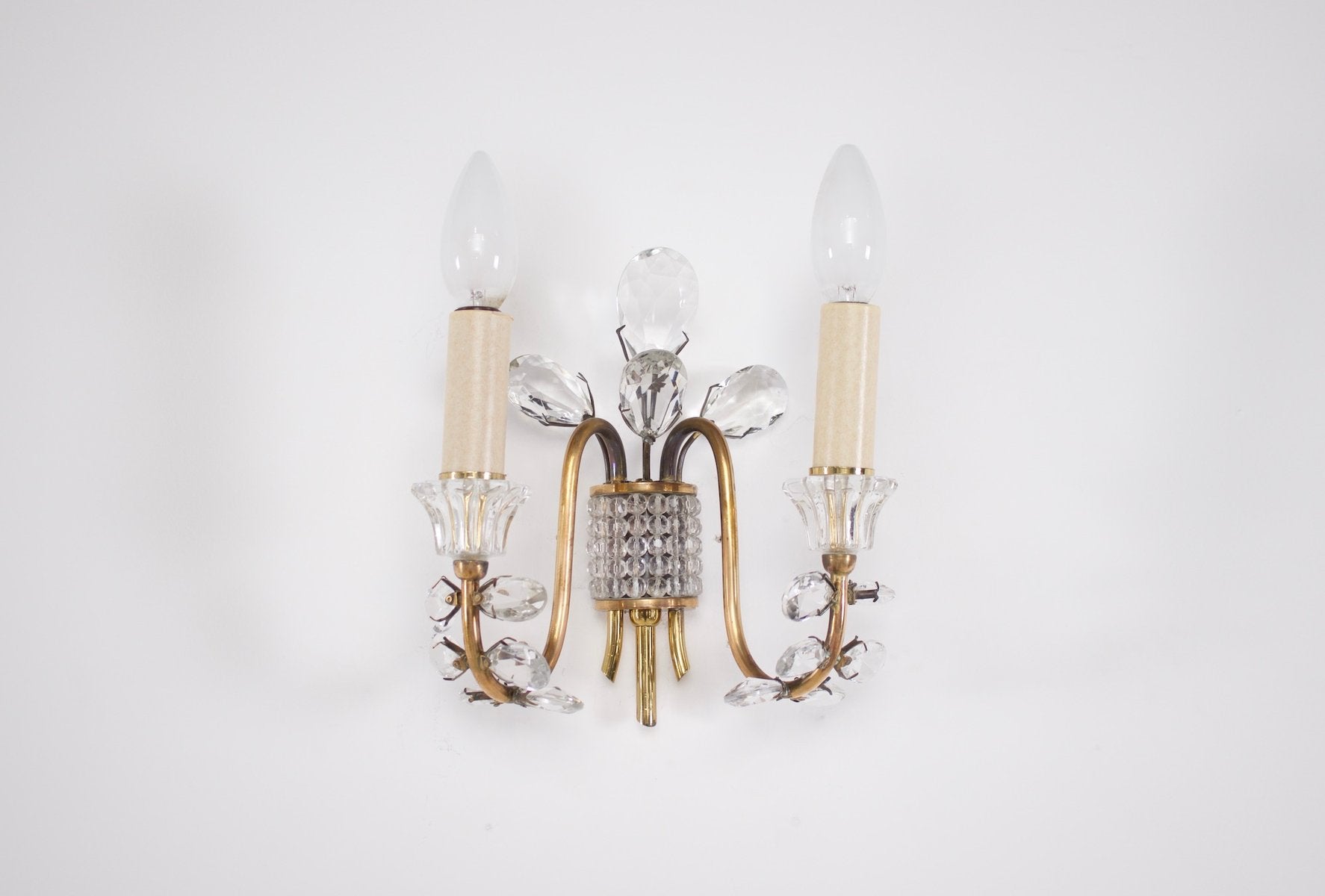 Cut Glass Brass Wall Lights from Maison Baguès, 1950s, Set of 2