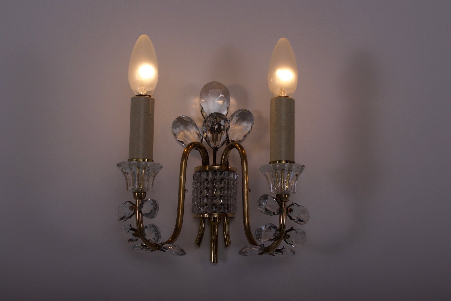 Cut Glass Brass Wall Lights from Maison Baguès, 1950s, Set of 2