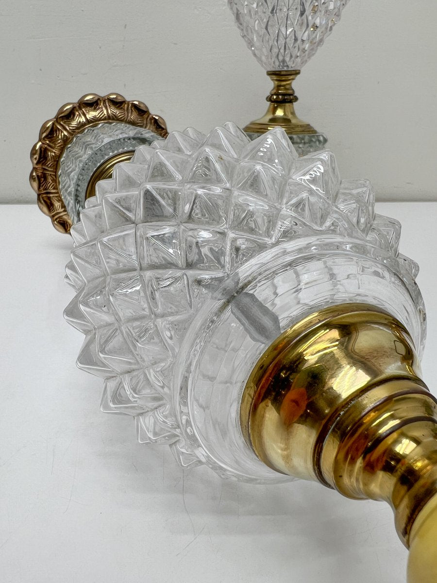 Cut Glass-Crystal & Brass Table Lamps in Pineapple Shape, 1960s, Set of 2