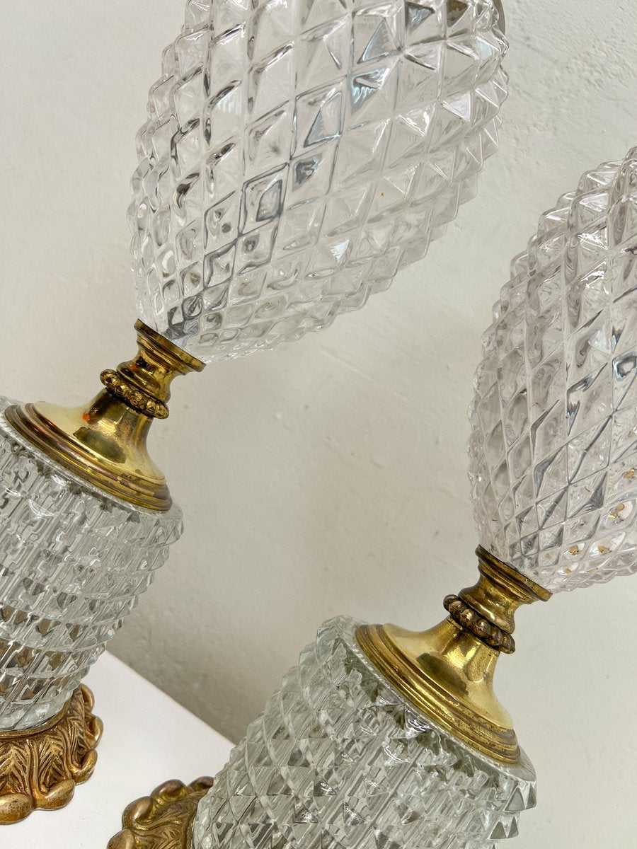 Cut Glass-Crystal & Brass Table Lamps in Pineapple Shape, 1960s, Set of 2