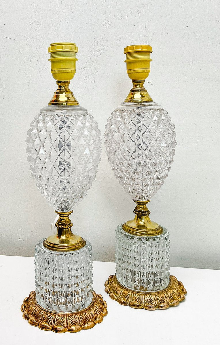 Cut Glass-Crystal & Brass Table Lamps in Pineapple Shape, 1960s, Set of 2