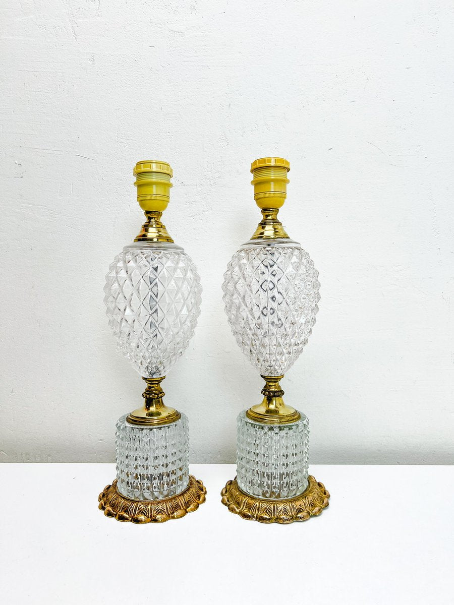 Cut Glass-Crystal & Brass Table Lamps in Pineapple Shape, 1960s, Set of 2