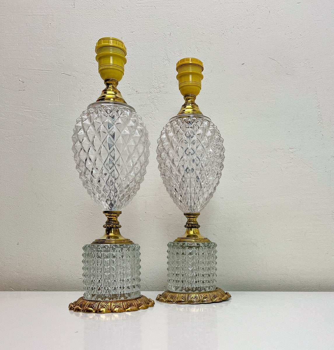 Cut Glass-Crystal & Brass Table Lamps in Pineapple Shape, 1960s, Set of 2