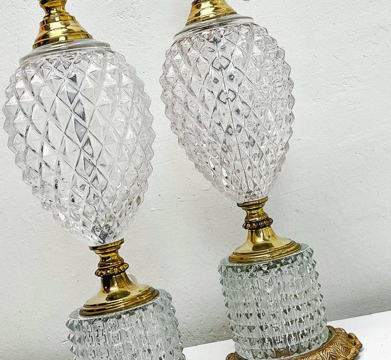 Cut Glass-Crystal & Brass Table Lamps in Pineapple Shape, 1960s, Set of 2