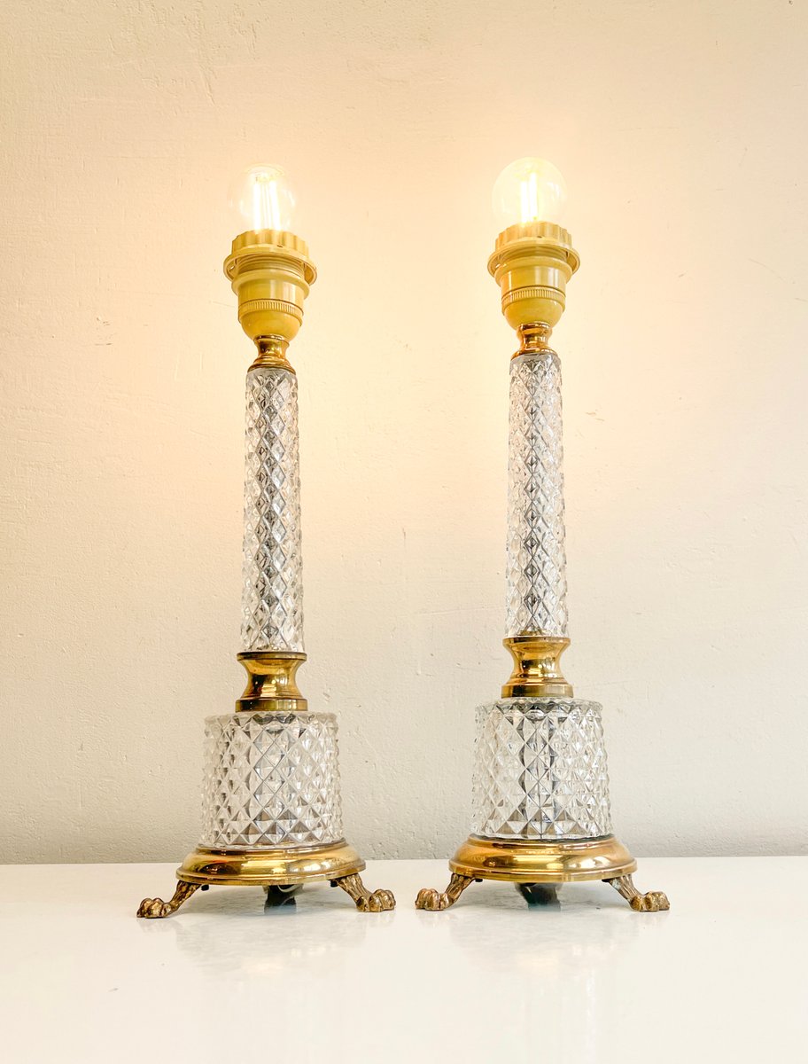 Cut Glass Crystal & Brass Table Lamps on Claw Feet, France, 1950s, Set of 2