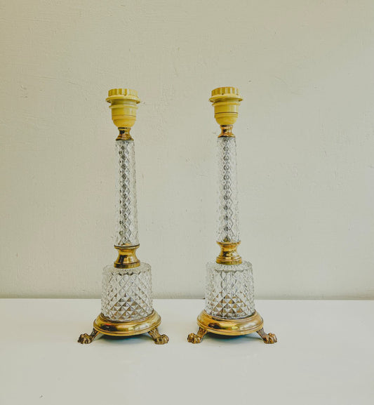 Cut Glass Crystal & Brass Table Lamps on Claw Feet, France, 1950s, Set of 2