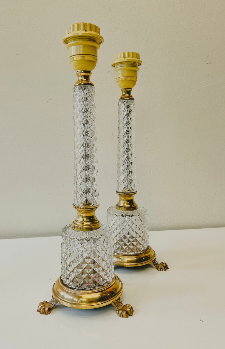 Cut Glass Crystal & Brass Table Lamps on Claw Feet, France, 1950s, Set of 2