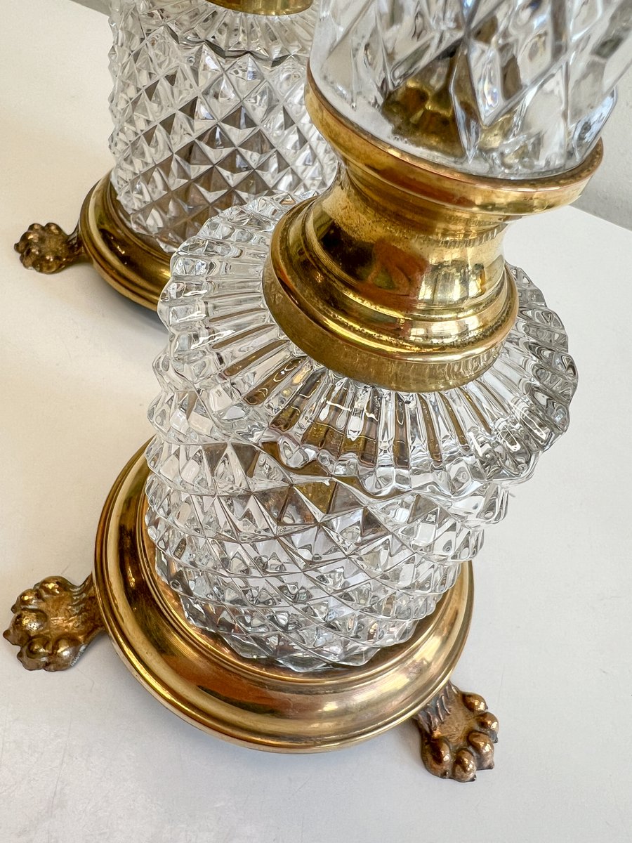 Cut Glass Crystal & Brass Table Lamps on Claw Feet, France, 1950s, Set of 2