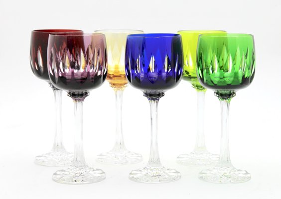 Cut to Clear Crystal Stem Glasses with Colored Overlay from Lausitzer, Set of 6-MJY-1148916