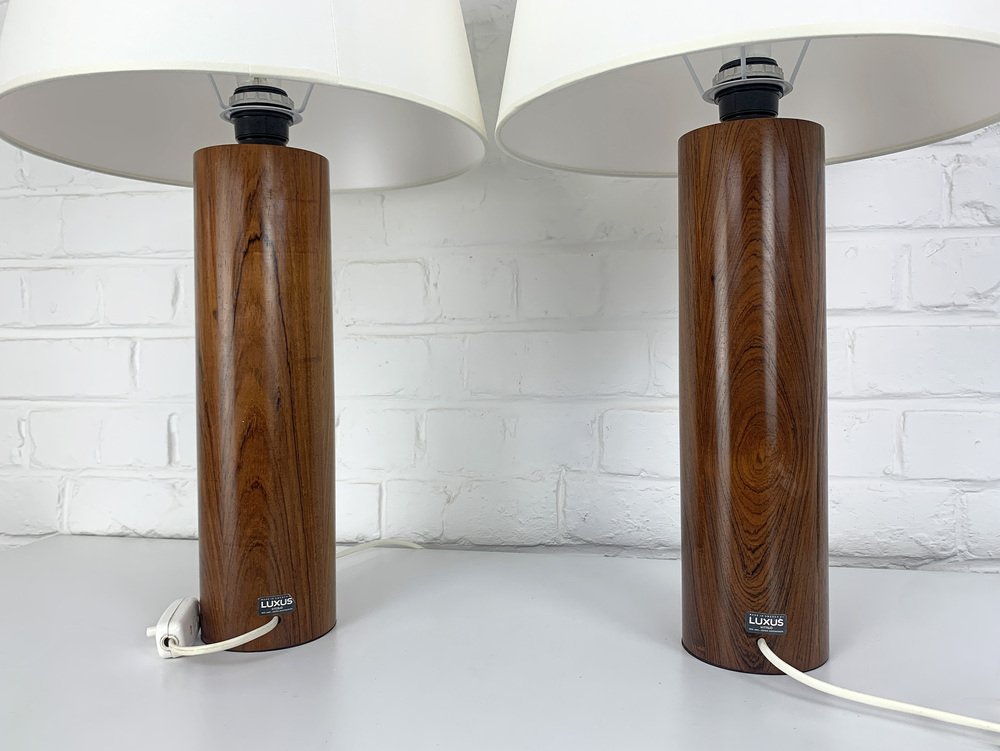 Cylinder Teak Table Lamps by Uno & Östen Kristiansson for Luxus, Sweden, 1960s, Set of 2