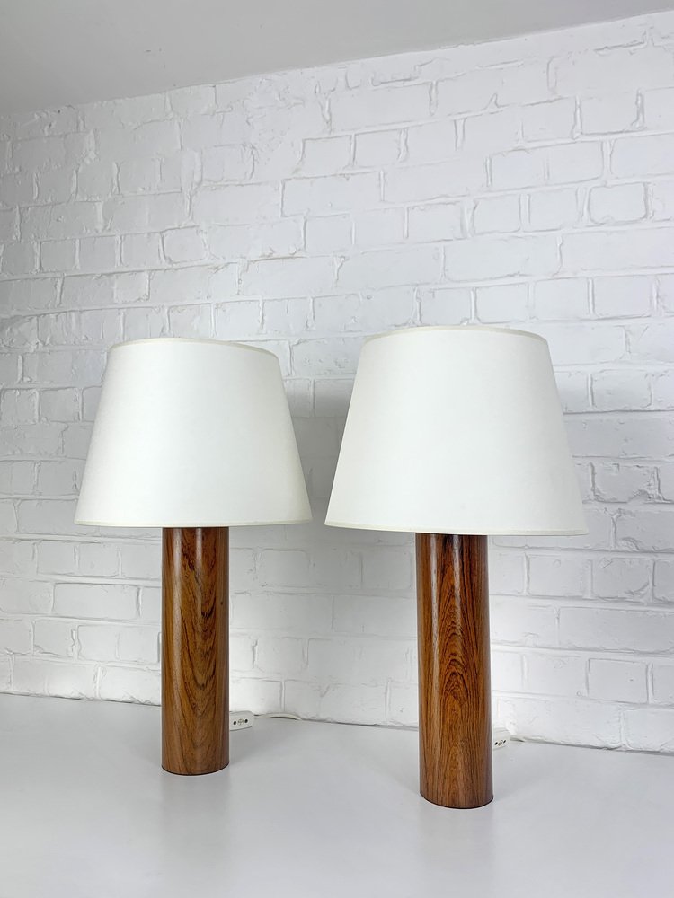 Cylinder Teak Table Lamps by Uno & Östen Kristiansson for Luxus, Sweden, 1960s, Set of 2