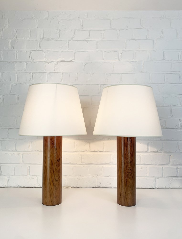 Cylinder Teak Table Lamps by Uno & Östen Kristiansson for Luxus, Sweden, 1960s, Set of 2