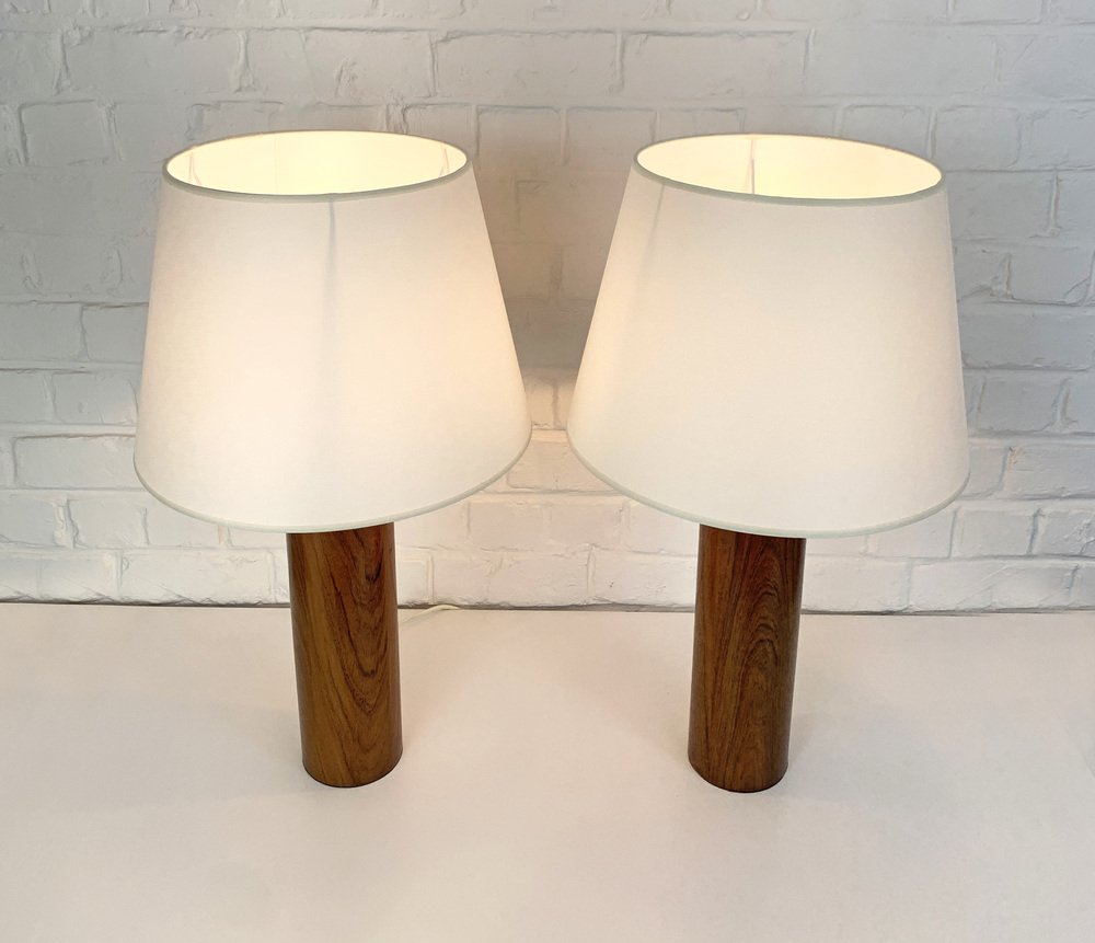 Cylinder Teak Table Lamps by Uno & Östen Kristiansson for Luxus, Sweden, 1960s, Set of 2