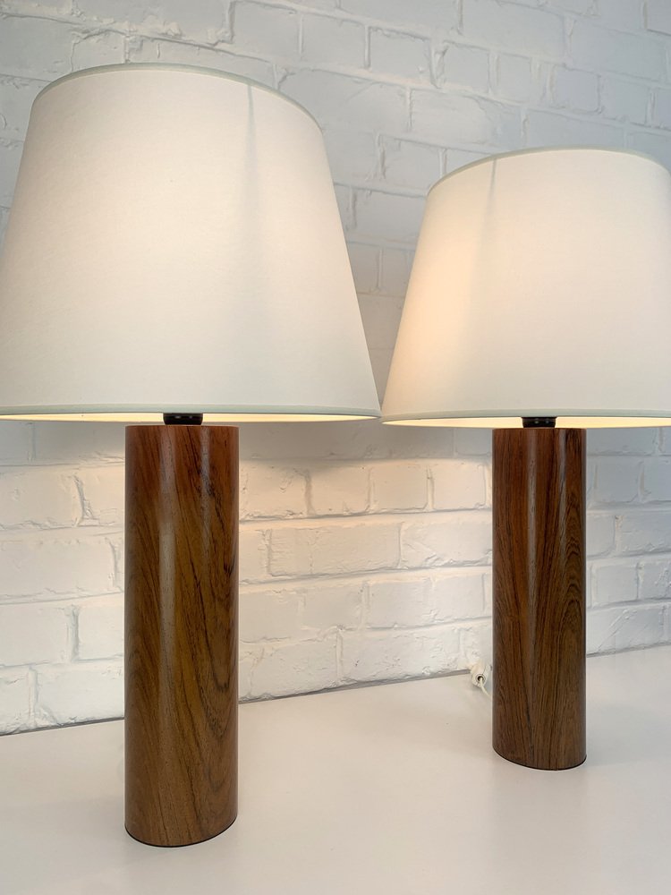 Cylinder Teak Table Lamps by Uno & Östen Kristiansson for Luxus, Sweden, 1960s, Set of 2