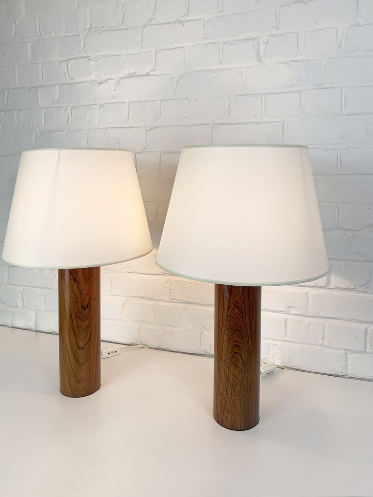 Cylinder Teak Table Lamps by Uno & Östen Kristiansson for Luxus, Sweden, 1960s, Set of 2