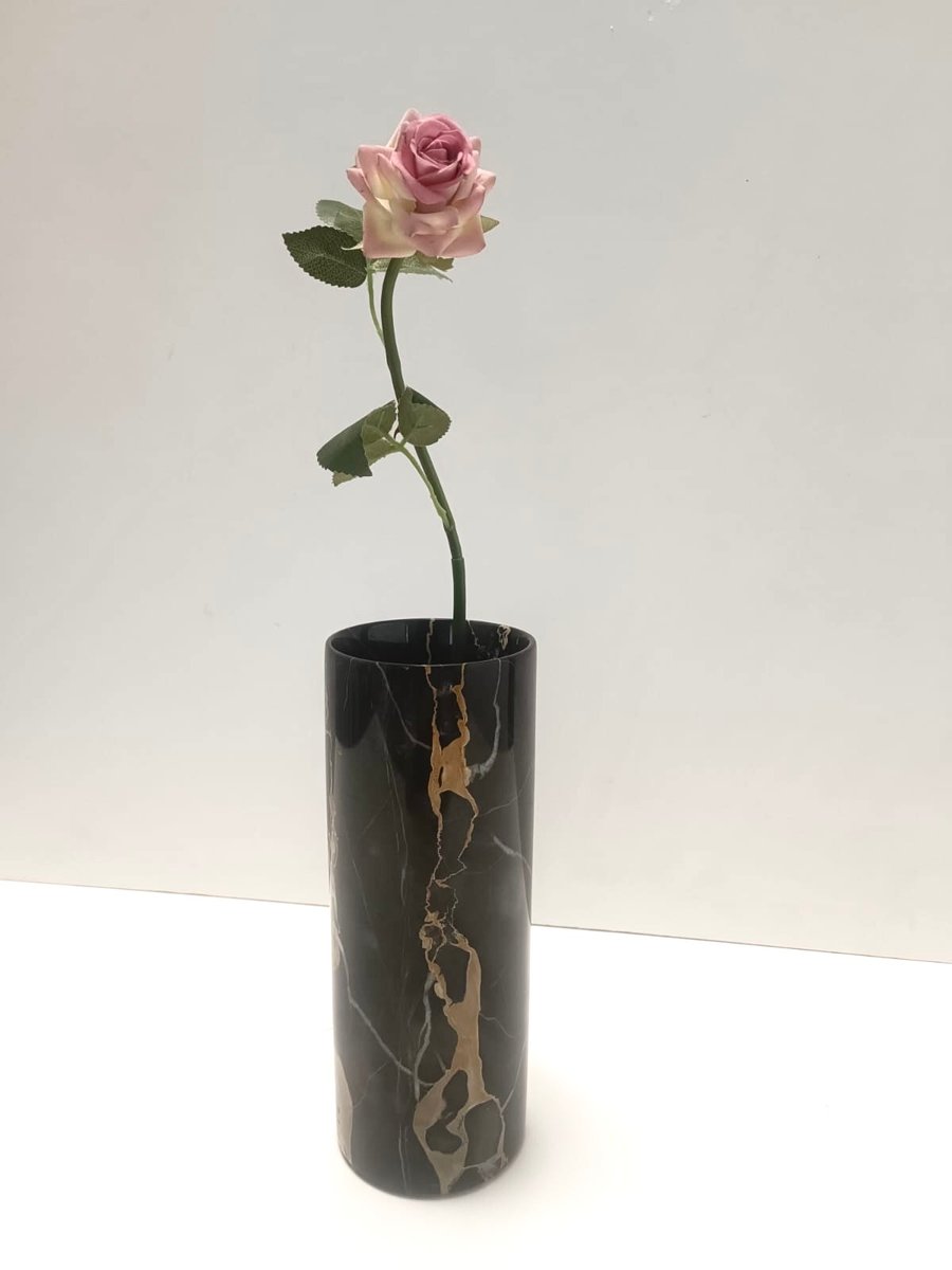 Cylindric Black Portoro Marble Vase in the style of Angelo Mangiarotti, Italy, 1970s