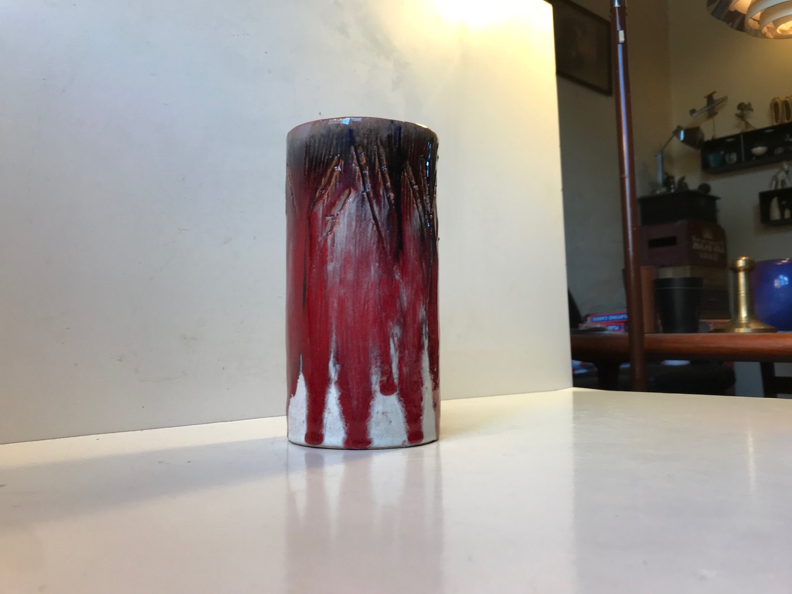 Cylindrical Oxblood and Drip Glaze Ceramic Vase from Helge Bjufstrom, 1960s