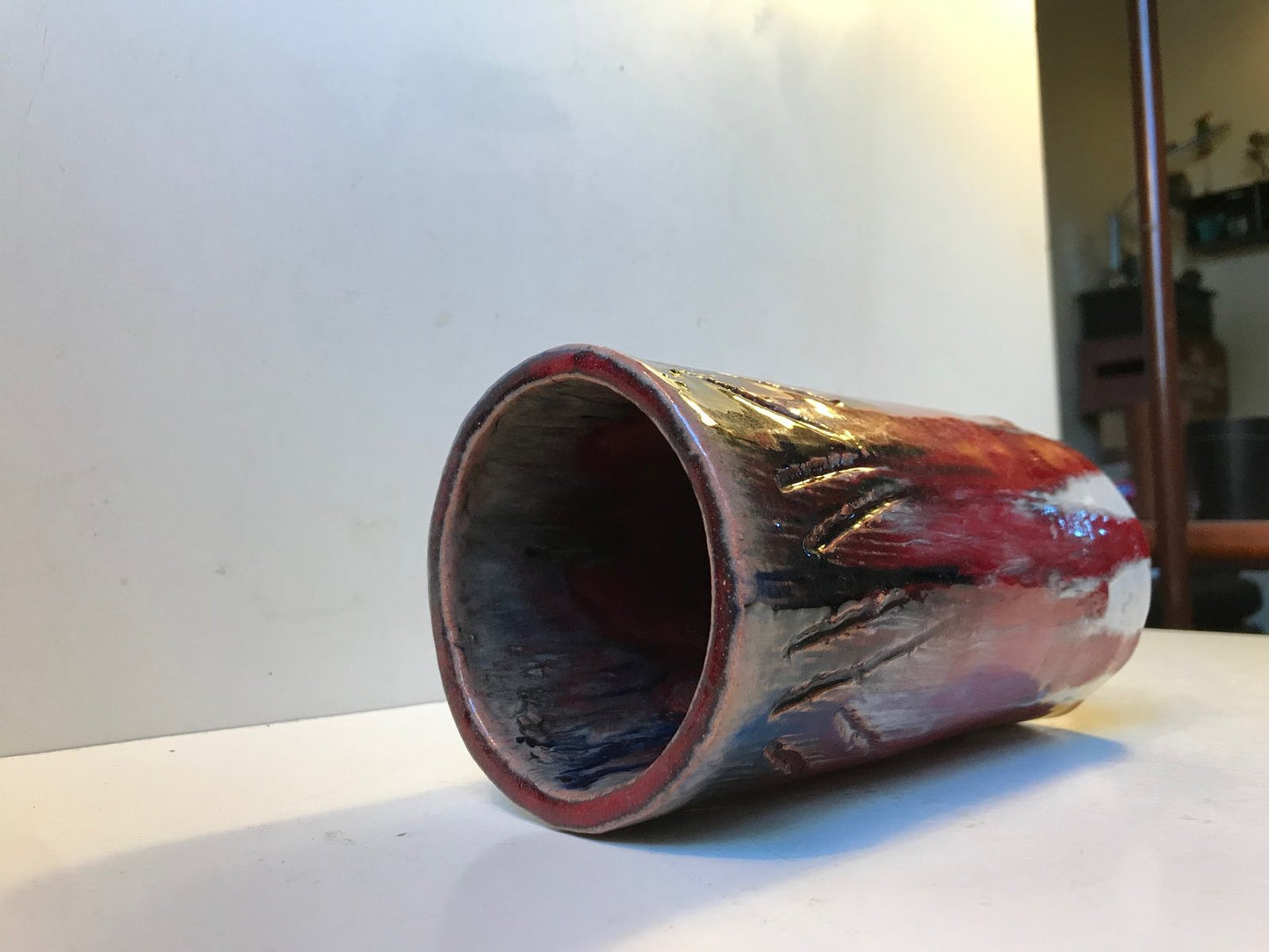 Cylindrical Oxblood and Drip Glaze Ceramic Vase from Helge Bjufstrom, 1960s