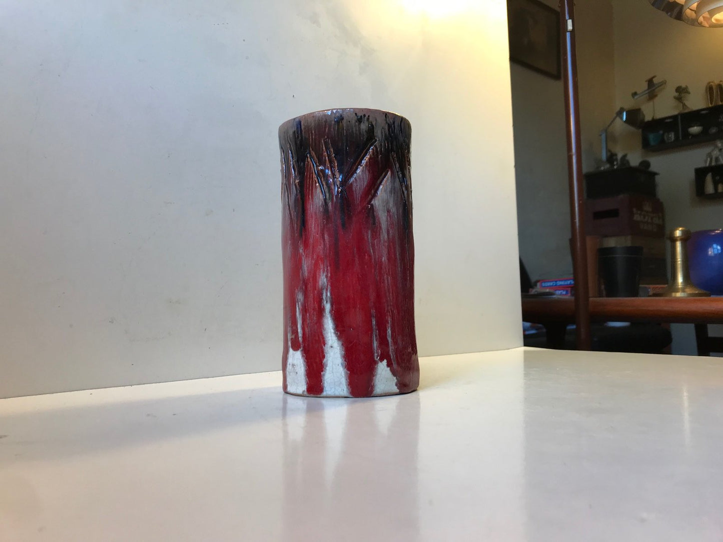 Cylindrical Oxblood and Drip Glaze Ceramic Vase from Helge Bjufstrom, 1960s