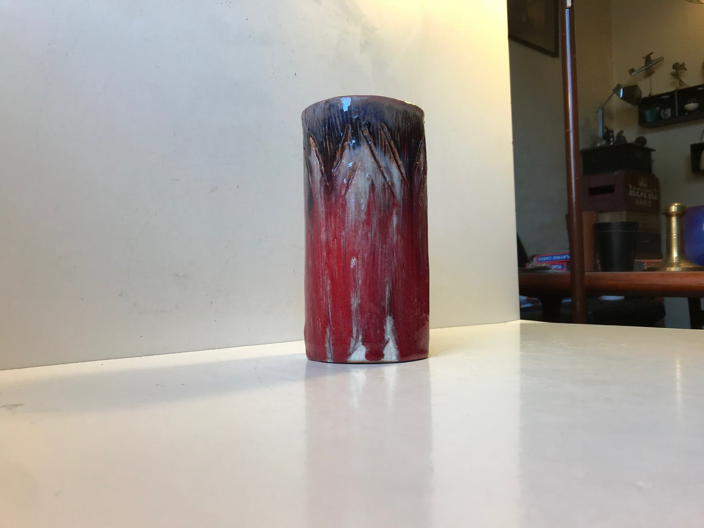 Cylindrical Oxblood and Drip Glaze Ceramic Vase from Helge Bjufstrom, 1960s